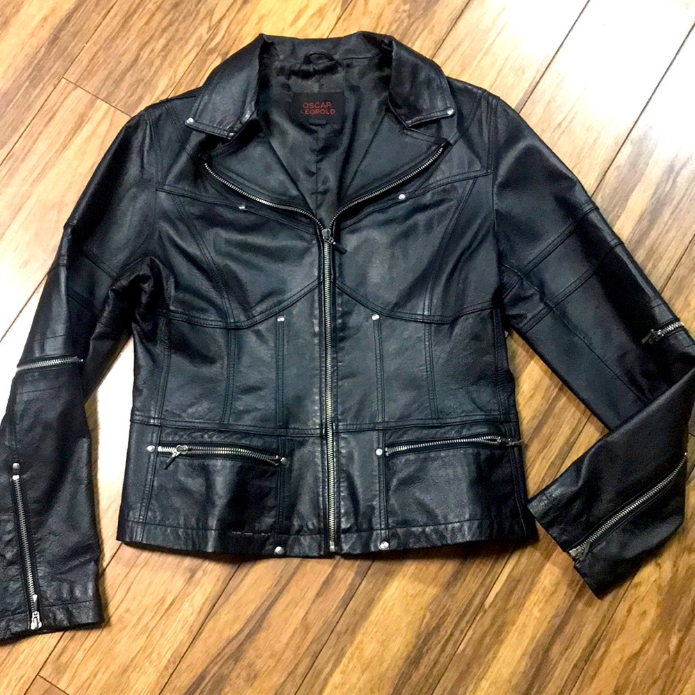 Oscar Leopold Black leather biker/Moto jacket